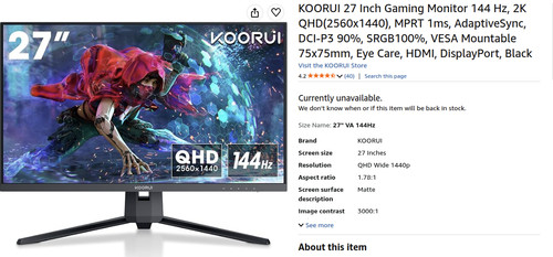 Koorui inch 144hz gaming - koorui, 27-inch